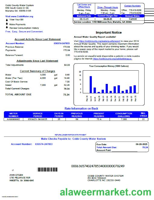 USA Cobb County Water System utility bill template in Word and PDF formats