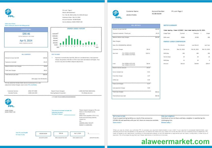 USA FPL electricity utility bil Word and PDF formats, 2 pages, version 2