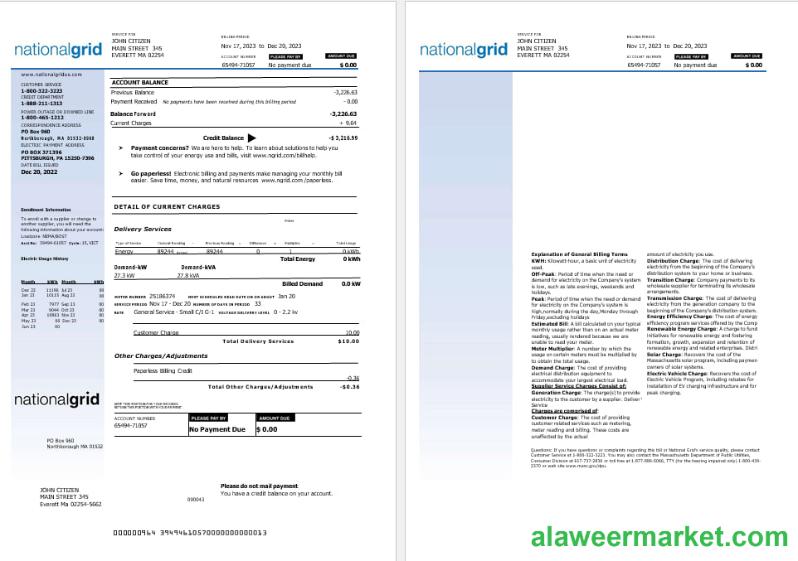 USA Nationalgrid electric utility bill Word and PDF formats, 2 pages