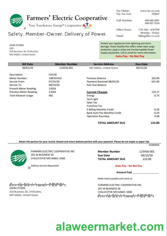 USA Ohio Farmer_s Electric Cooperative utility bill template in Word an PDF format