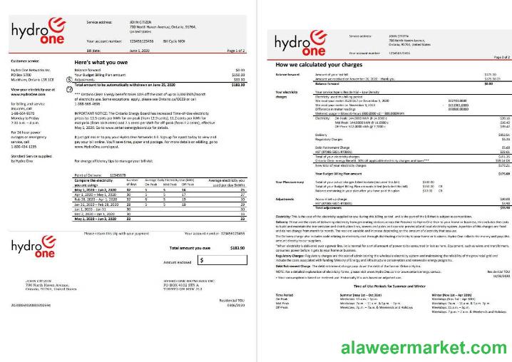 USA Ontario_s Hydro One electricity utility bill template in Word and PDF format (2 pages)