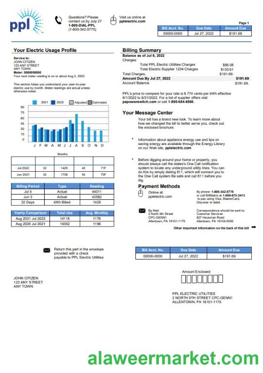 USA Pennsylvania PPL Electric utility bill template in Word and PDF format