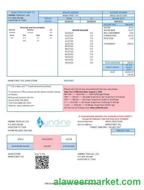 USA Texas Undine water is our element water utility bill Word and PDF formats