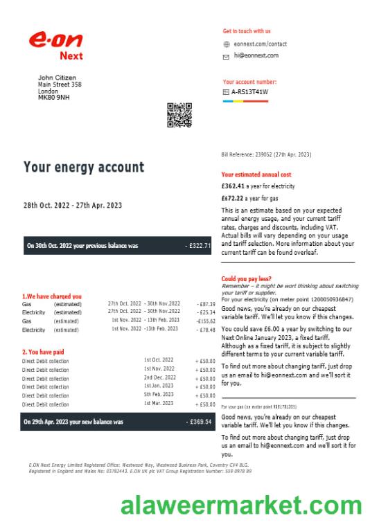 United Kingdom Eon gas and electricity utility bill in Word and PDF formats, version 7