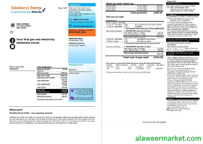 United Kingdom Sainsbury_s Energy (British Gas) bill, Word and PDF template, 3 pages 1 2