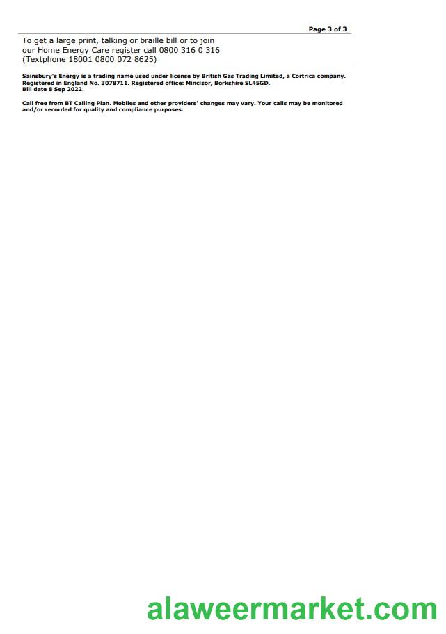 United Kingdom Sainsbury_s Energy (British Gas) bill, Word and PDF template, 3 pages 3