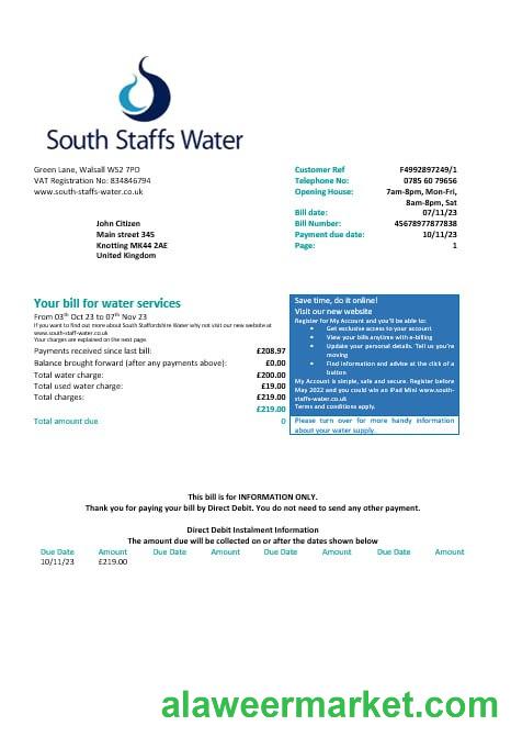 United Kingdom South Staffs Water water utility bill Word and PDF formats, version 2