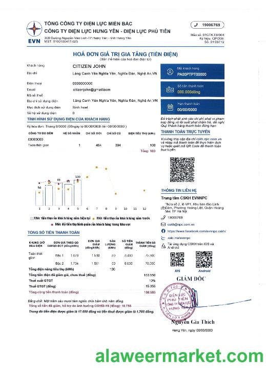 Vietnam EVN NPC T_NG C_NG TY _I_N L_C MI_N B_C - C_NG TY _I_N L_C H_NG Y_N - _I_N L_C PH_ TI_N electricity utility bill