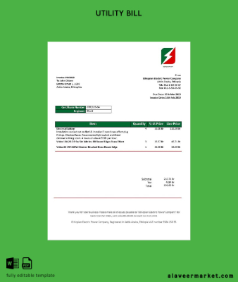 Etiyopya Etiyopya Electric Power Şirket Elektrik Fatura Fatura word