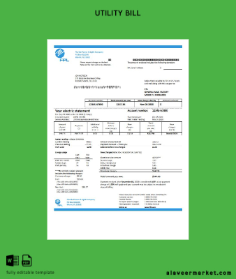 USA Kimlik Kartı Power & Light Şirket (FPL) Elektrik Fatura Fatura